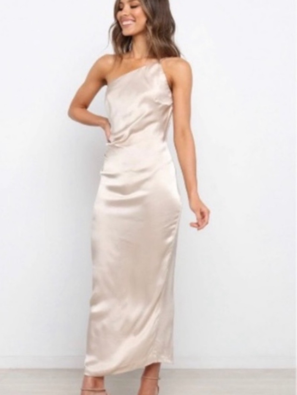 Petal & Pup One-Shoulder Satin Slip Dress in Light Champagne